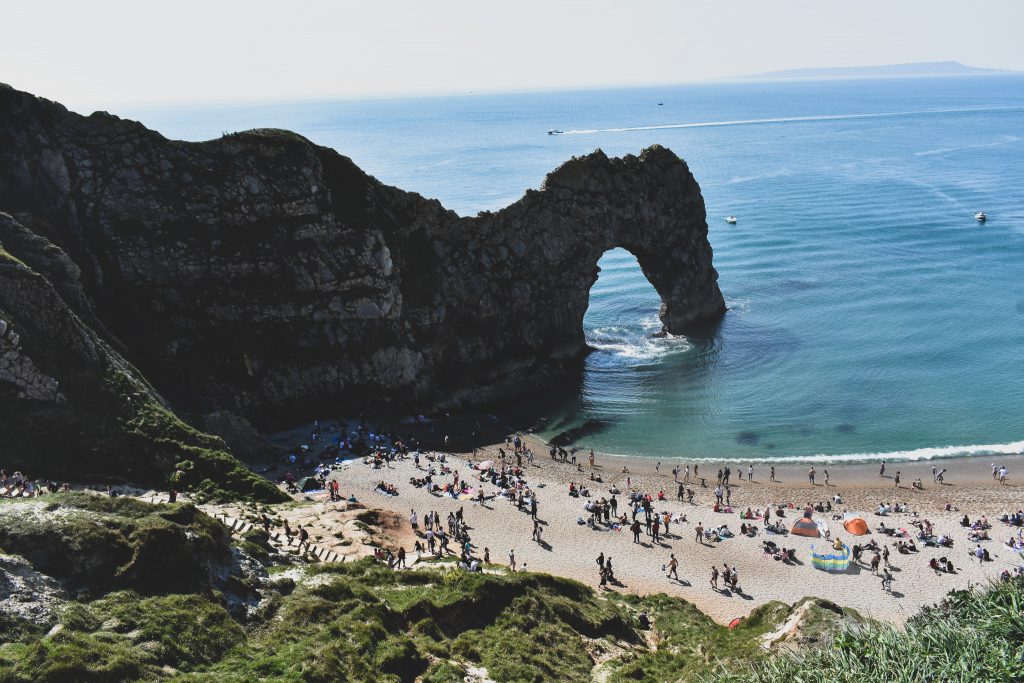 View from the top of the cliff down towards the beach at Durdle door